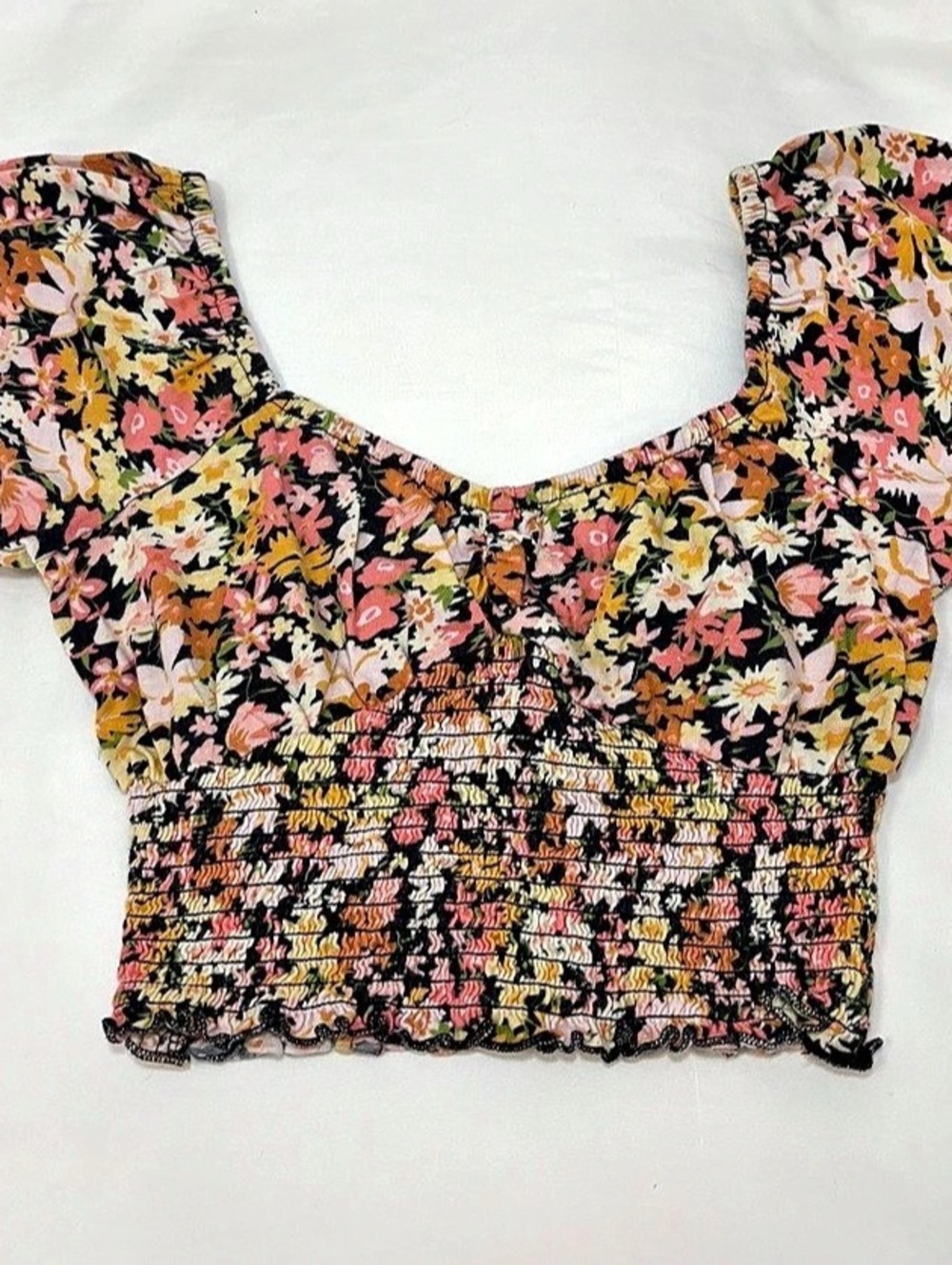 Billabong Floral Smocked Crop Top in Black & Pink Size XS